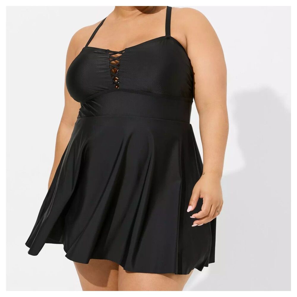 Torrid Wireless Long Lattice Front Swim Dress With Brief